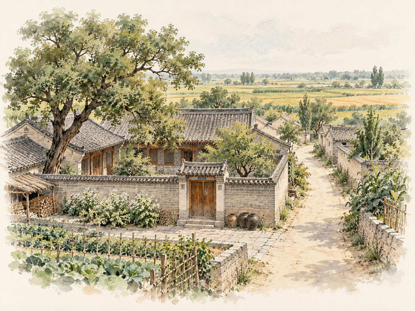 村落与田野的水墨意境插画